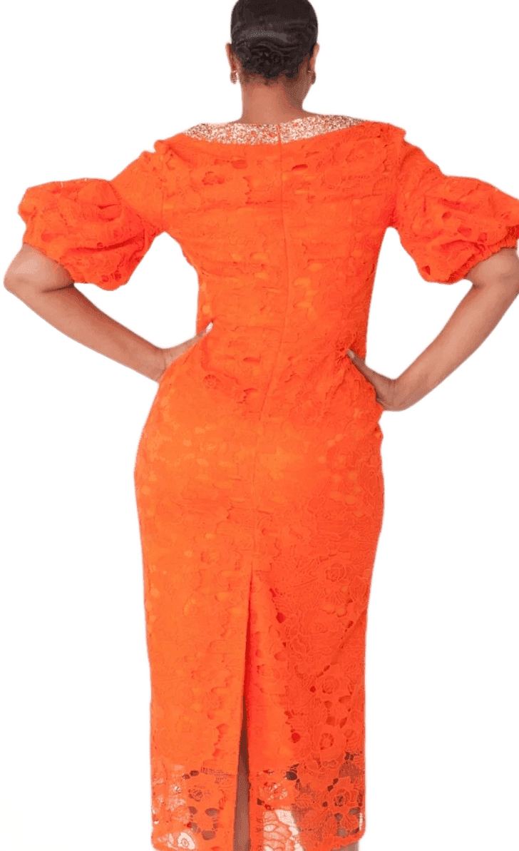 Coral Lace Puff-Sleeve Sheath Dress
