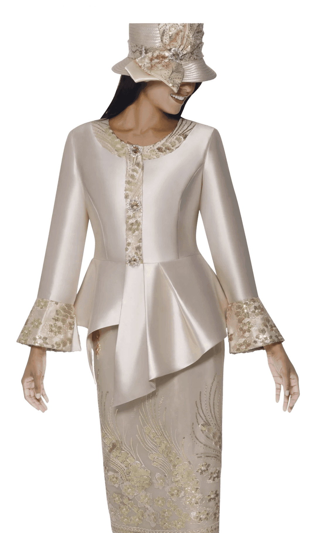 Ivory Embroidered Peplum Suit with Hat