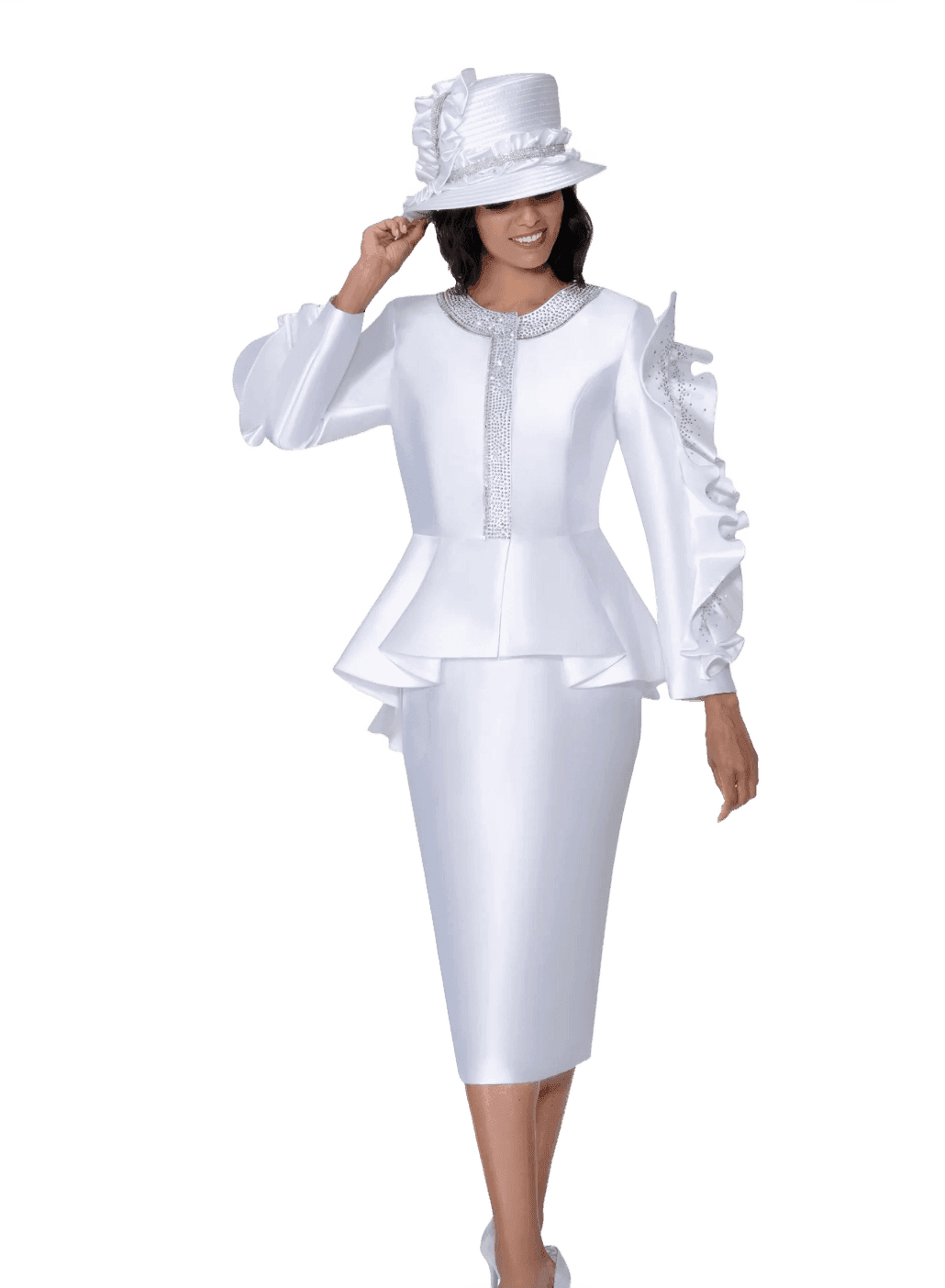 White Floral-Shoulder Peplum Suit with Hat