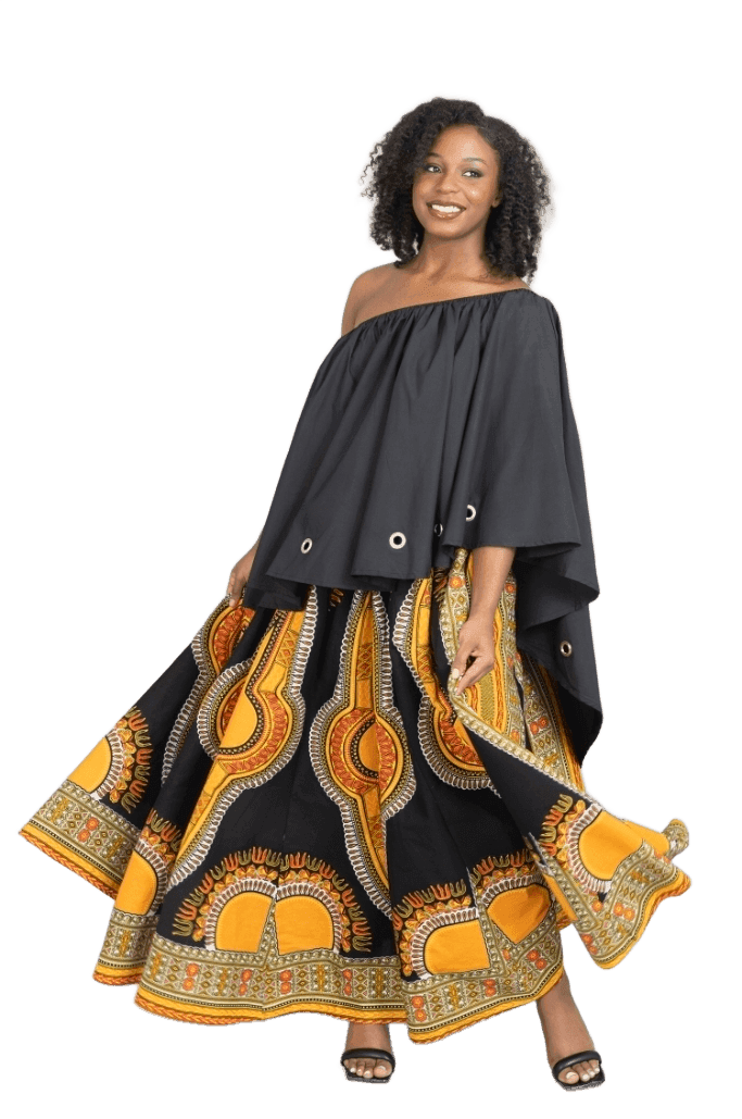 Black Tribal-Print Tiered Off-Shoulder Maxi Dress