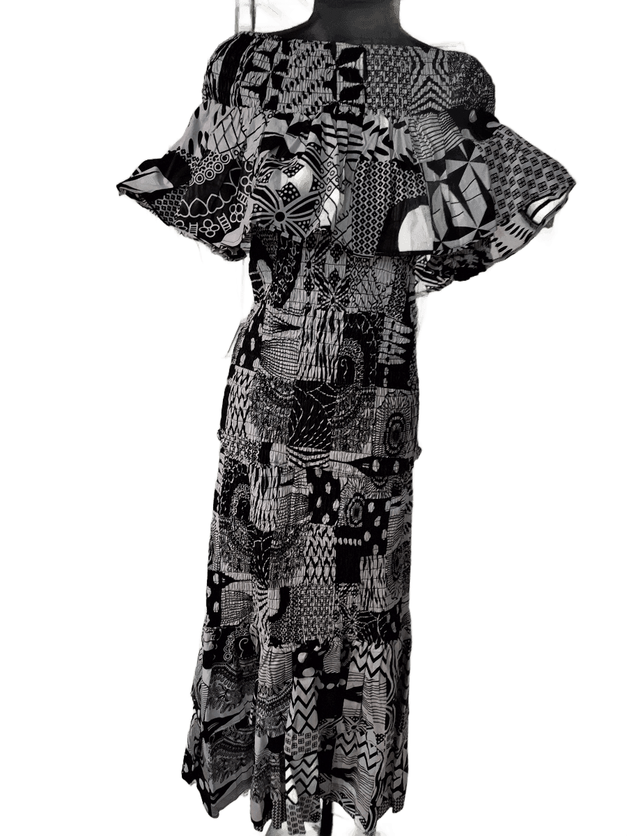 Black & White Block-Print Ruffle Maxi Dress