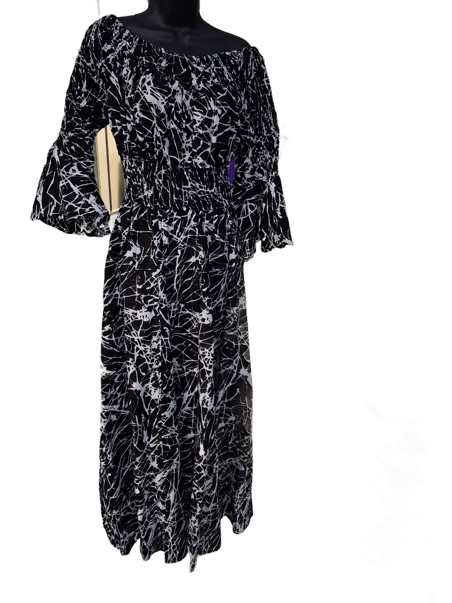 Black & White Damask-Print Long-Sleeve Maxi Dress