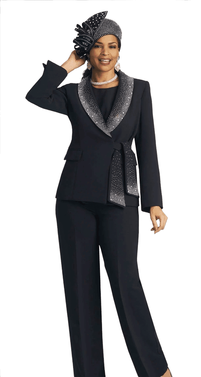 Black Embellished-Neckline Pantsuit
