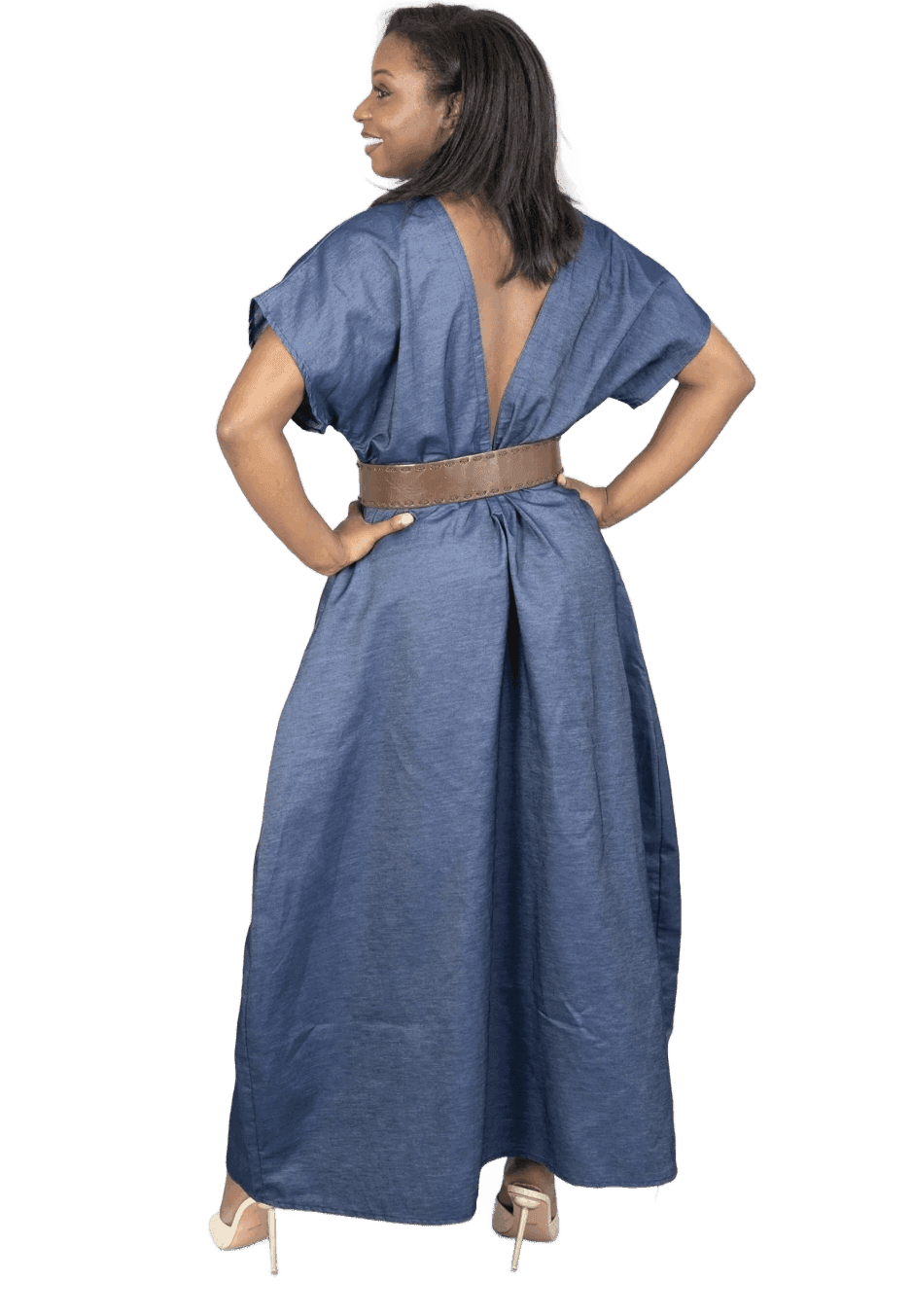 Denim Draped Cold-Shoulder Maxi Dress