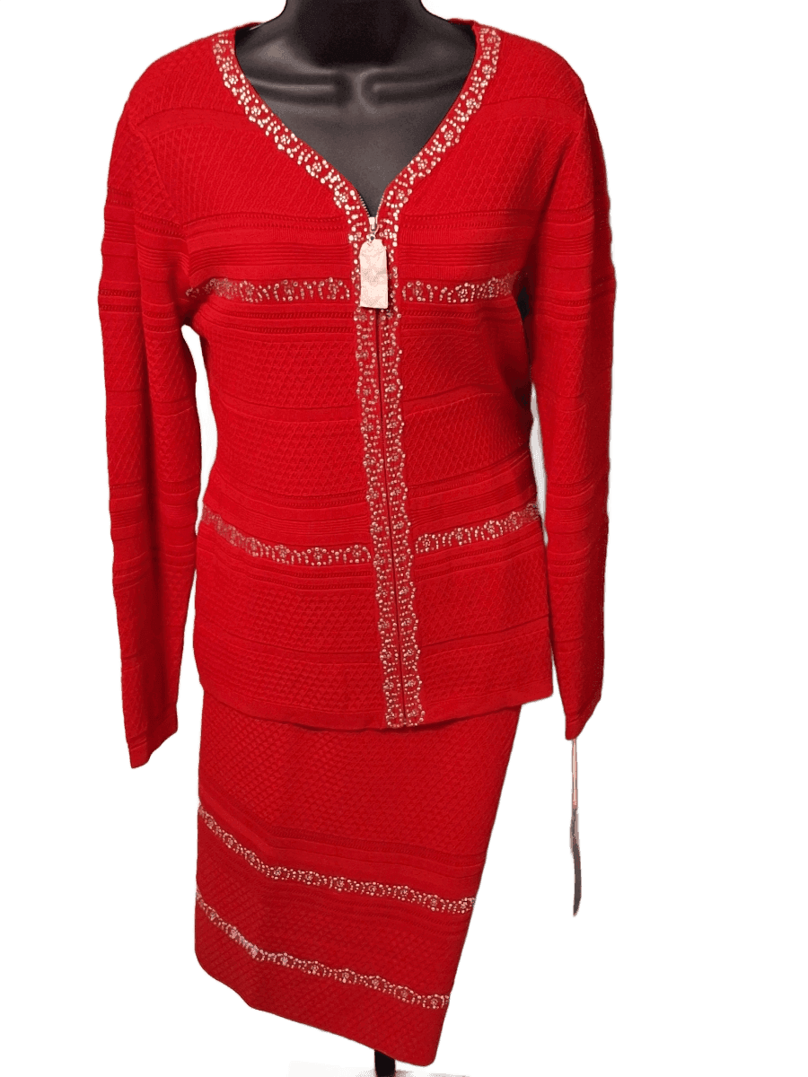 Red Embellished Long-Sleeve Skirt Suit