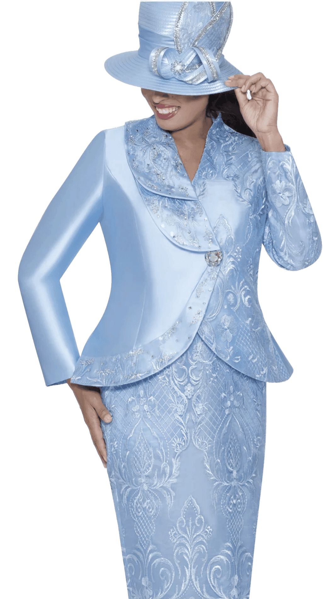 Ice Blue Lace Embellished Suit with Hat