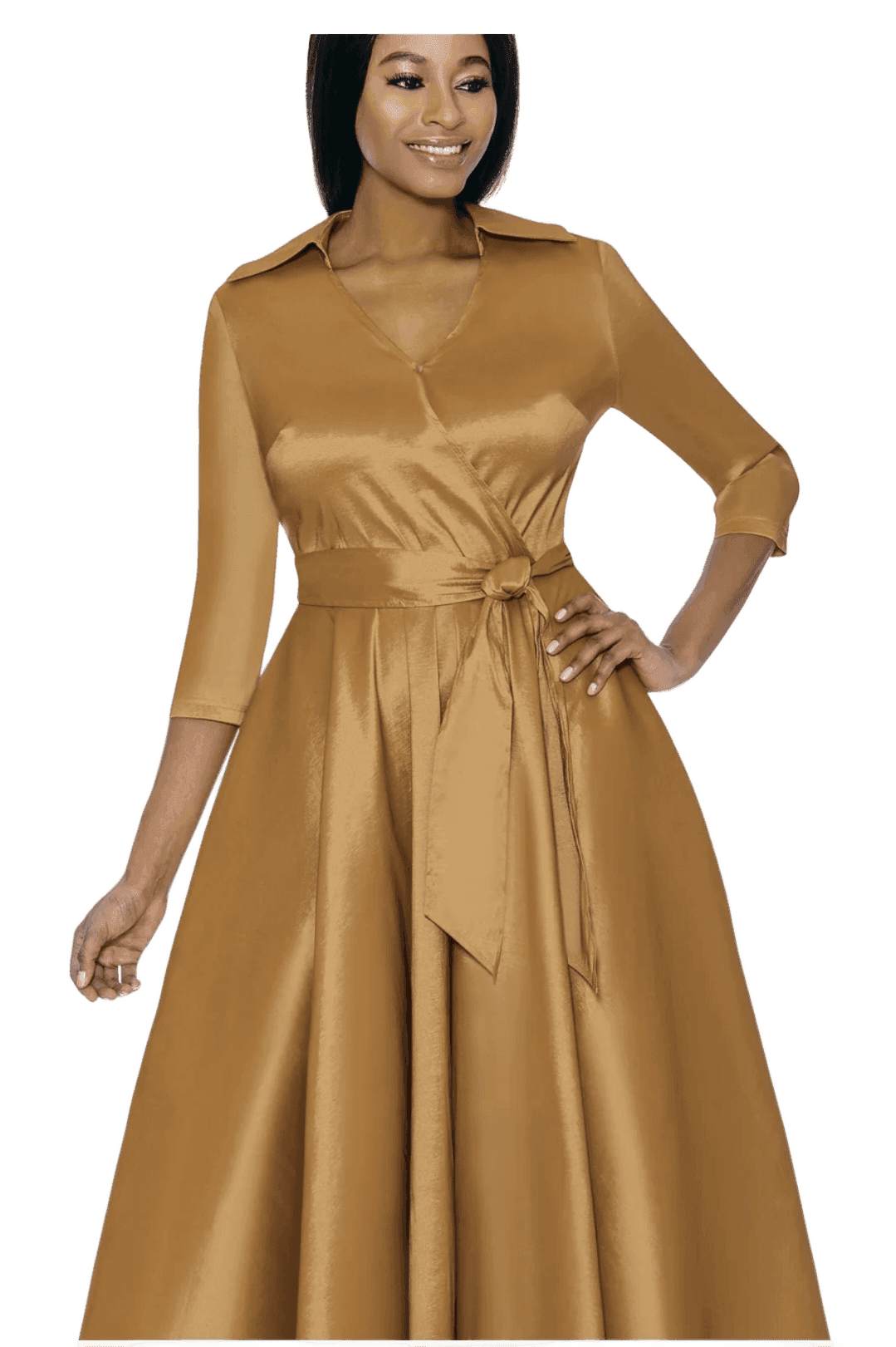 Mustard Satin Belted Wrap Gown