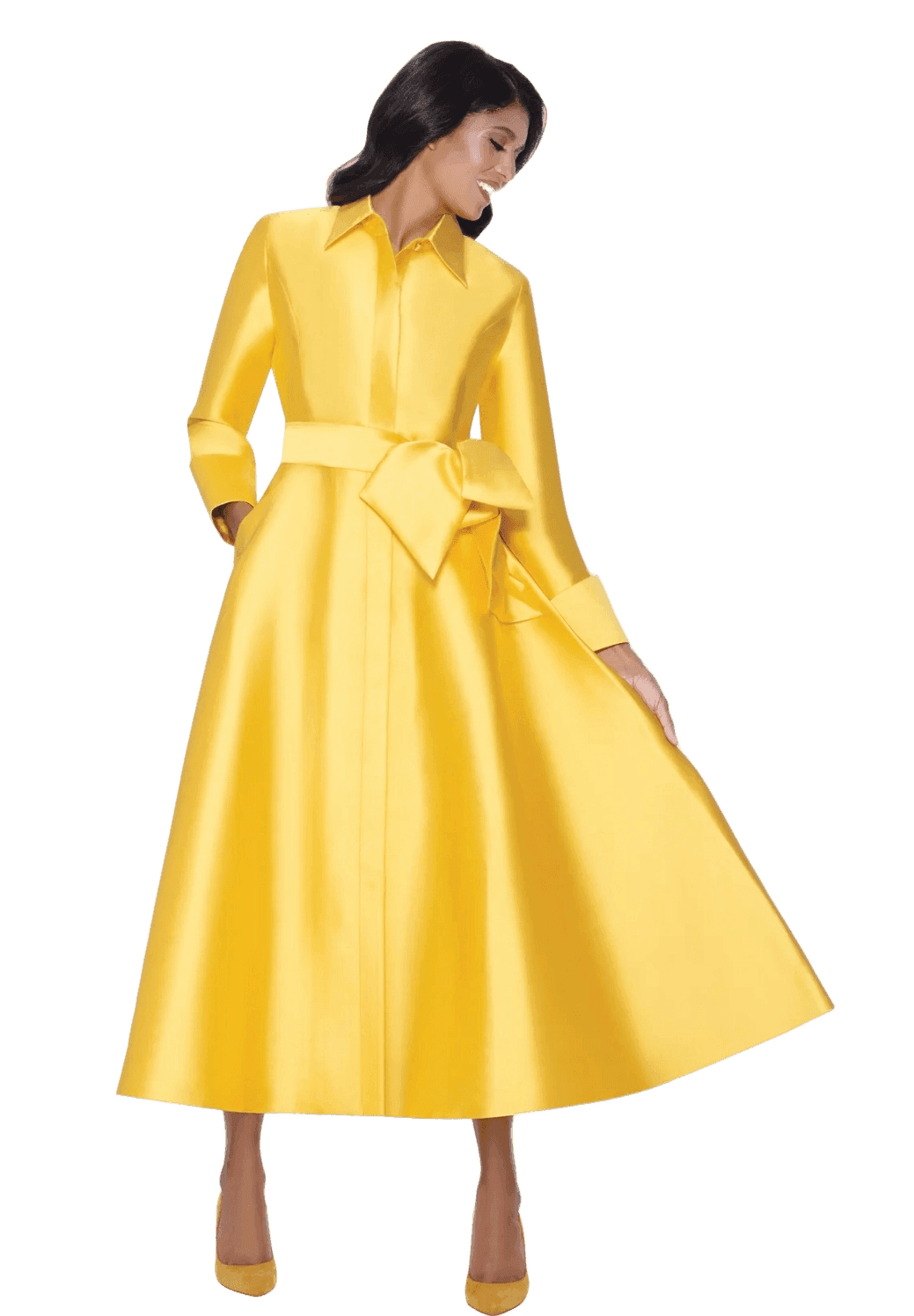 Yellow Box-Pleat Belted Midi Dress