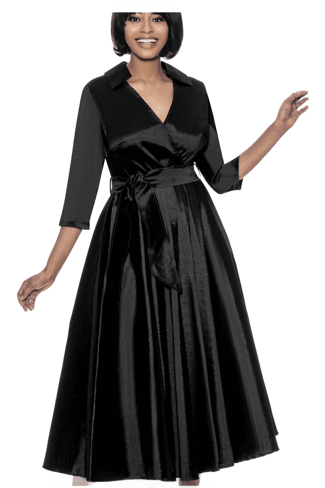 Black Satin Belted Wrap Gown